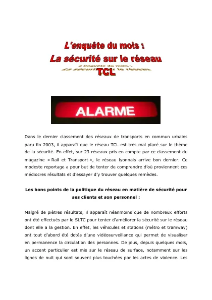 Couverture – La sécurité sur le réseau TCL